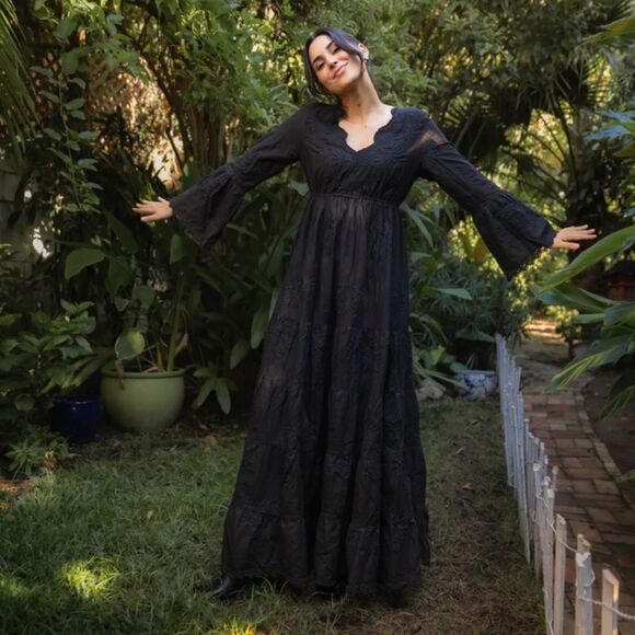 Anthropologie x Raga Black Jaya Floral Embroidered Maxi Dress Size Small - Picture 12 of 12